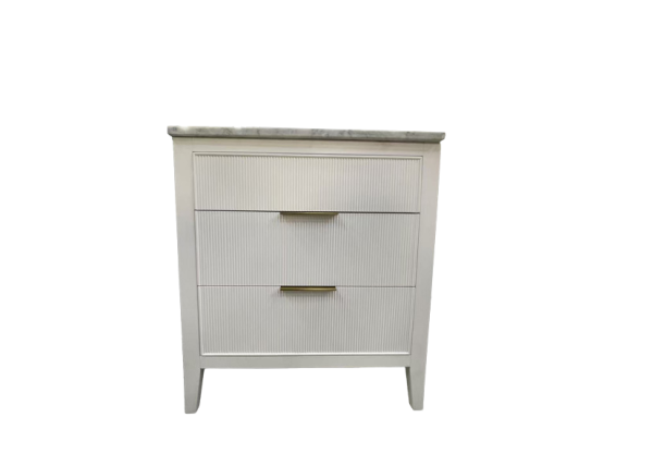Light cream-colored 3-drawer nightstand with marble top and brass handles