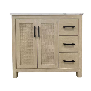 Light wood bathroom vanity with dual caned doors and three side drawers, transitional design