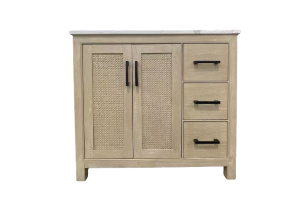 Light wood bathroom vanity with dual caned doors and three side drawers, transitional design