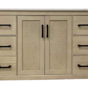 Natural wood bathroom vanity with dual caned cabinet doors, six side drawers, and white marble countertop
