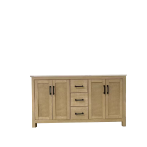Light wood vanity cabinet with caned door panels and three center drawers, modern farmhouse style