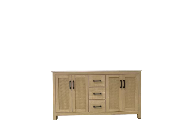 Light wood vanity cabinet with caned door panels and three center drawers, modern farmhouse style