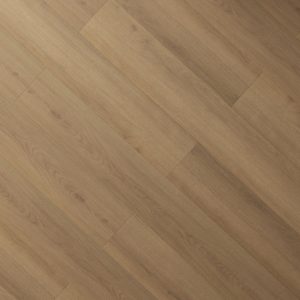 Medium tan wood-look laminate flooring with herringbone plank pattern