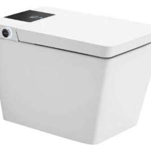 White sleek smart toilet tank with digital control interface and closed lid
