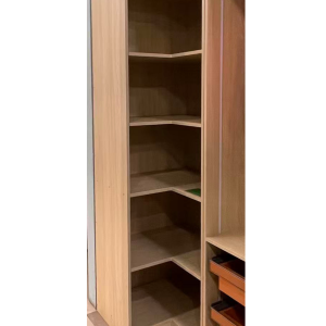 Natural wood corner wardrobe cabinet with angled shelving and wooden drawers