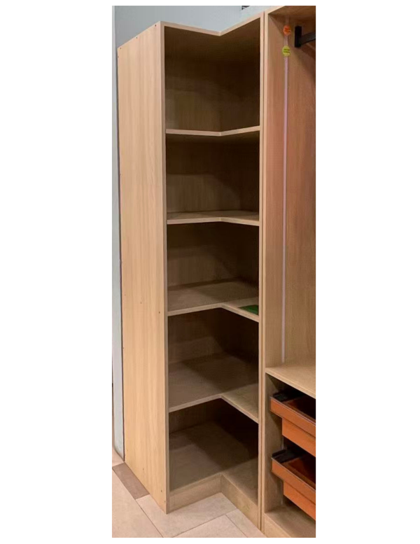 Natural wood corner wardrobe cabinet with angled shelving and wooden drawers