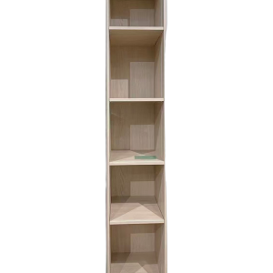 Light wood tall narrow shelving unit with five open compartments and white shelves