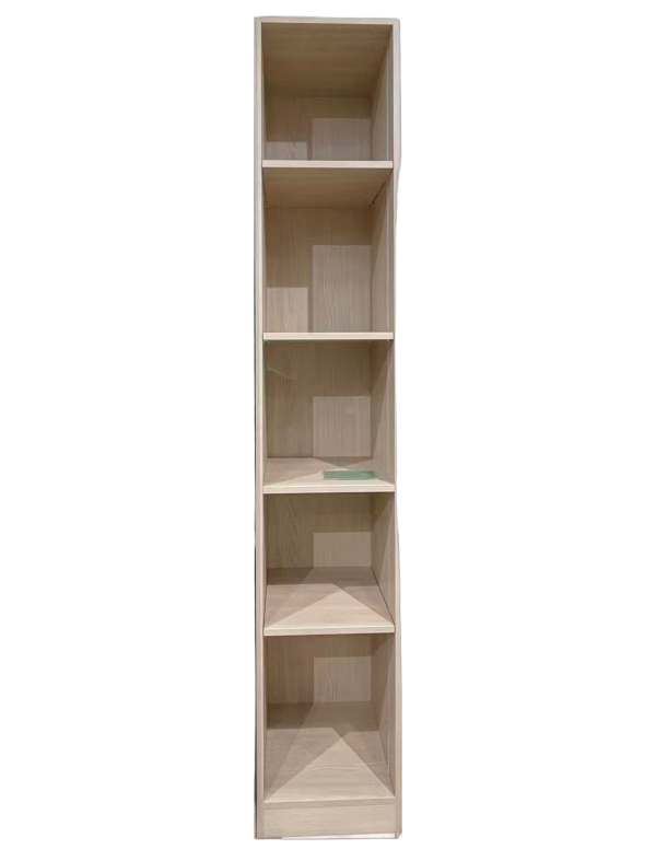 Light wood tall narrow shelving unit with five open compartments and white shelves