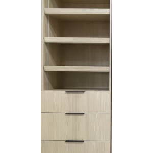 Tall narrow wardrobe cabinet with four open shelves at top and three wooden drawers with black handles at bottom