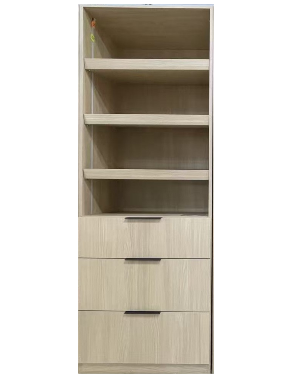 Tall narrow wardrobe cabinet with four open shelves at top and three wooden drawers with black handles at bottom
