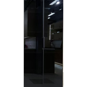 Tall black gloss wardrobe with mirrored double doors and metal frame