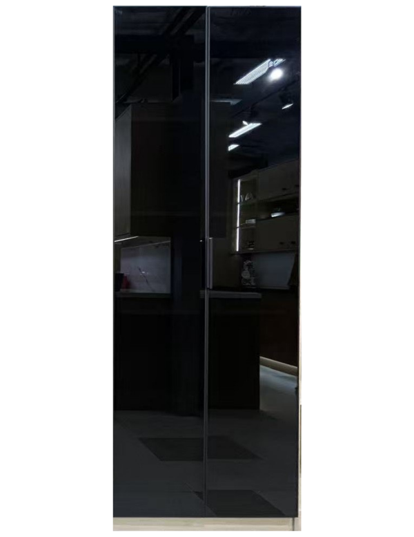 Tall black gloss wardrobe with mirrored double doors and metal frame