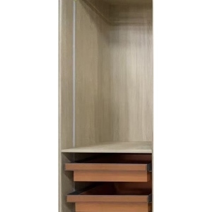 Tall narrow wardrobe cabinet with hanging rod at top, two wooden pull-out drawers in middle section, and open shelf storage at bottom