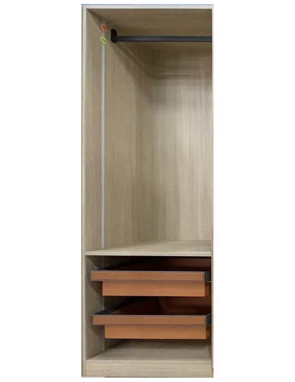 Tall narrow wardrobe cabinet with hanging rod at top, two wooden pull-out drawers in middle section, and open shelf storage at bottom