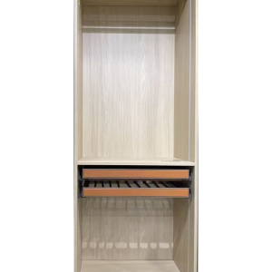 Light wood tall wardrobe interior with hanging rail, two wooden drawers with handles, and open shelving below