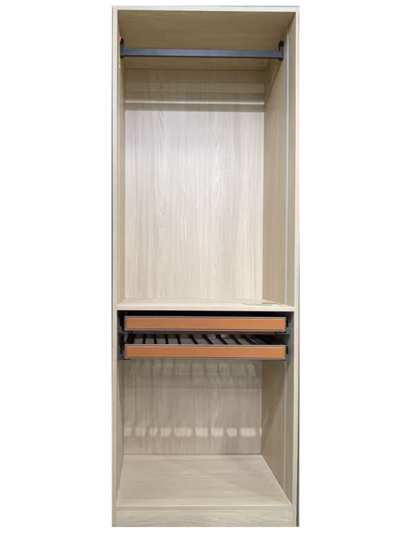Light wood tall wardrobe interior with hanging rail, two wooden drawers with handles, and open shelving below