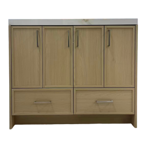 Light wood bathroom vanity with four upper cabinet doors and two lower drawers with brushed metal pulls