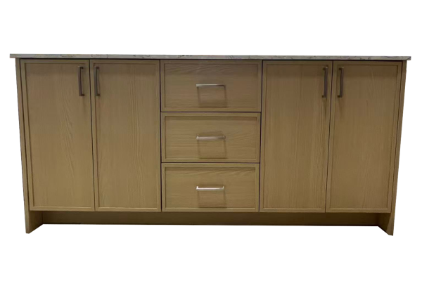 Natural wood vanity cabinet with five doors and three center drawers featuring metal handles