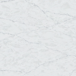 White marble countertop with gray and blue veining throughout the surface